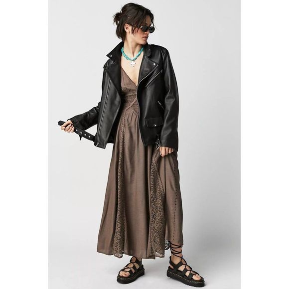 NWT Free People Brown Southwest Lace Maxi Dress, Long Sleeve V-Neck - Picture 6 of 6